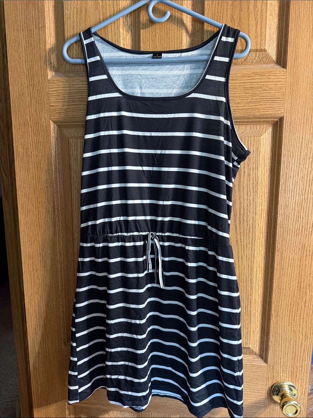 Women’s' Black and White Striped Drawstring Tank Dress